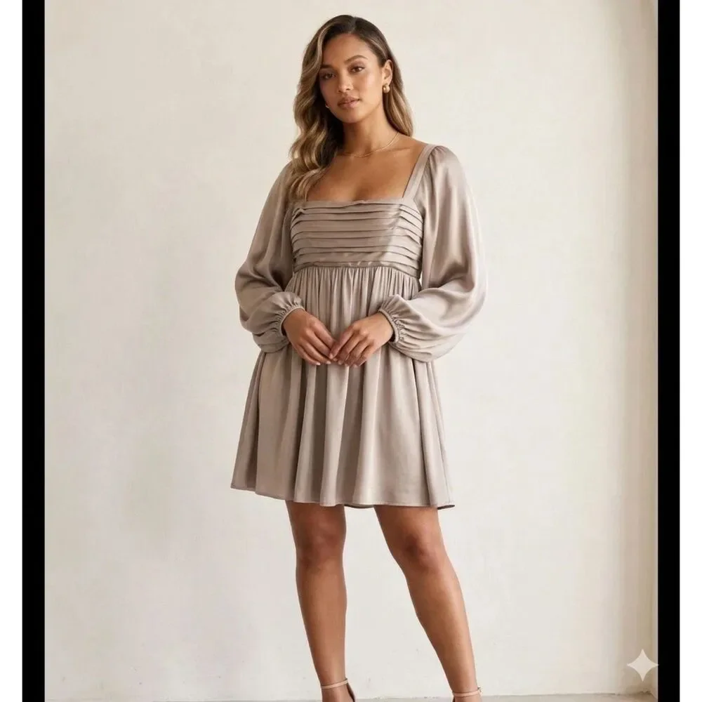 Abercrombie & Fitch Dress Womens Tall Sz S Babydoll Pleated Satin Balloon Sleeve